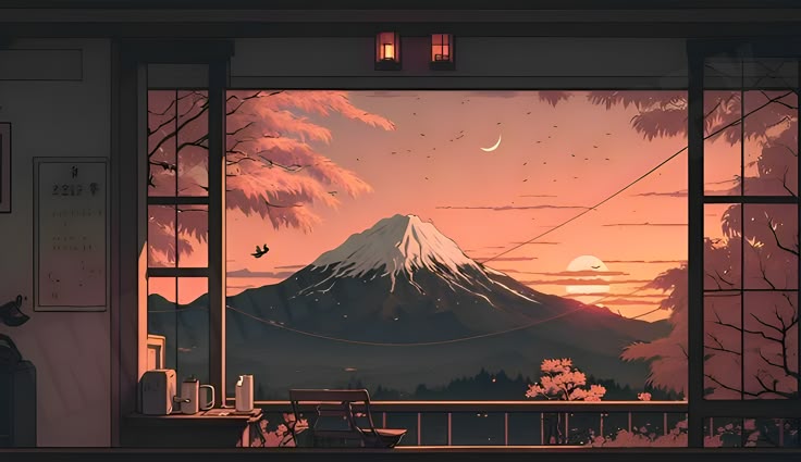 Vista de una montaña nevada japonesa desde una ventana de una casa