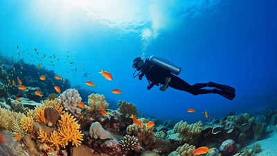 Buzo explorando un arrecife de coral rodeado de peces naranjas