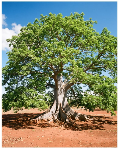 Ceiba de raíces aplanadas sobre suelo rojizo bajo un cielo azul